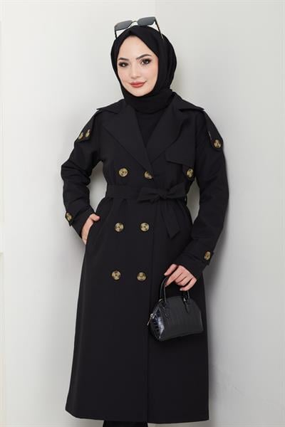 Omuzları Apolet Detaylı Astarlı Siyah Trençkot