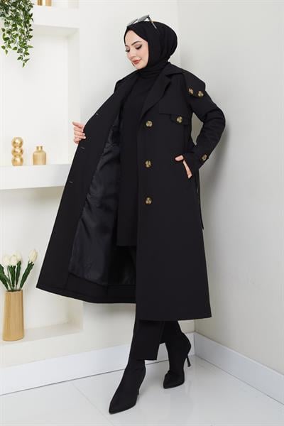 Omuzları Apolet Detaylı Astarlı Siyah Trençkot