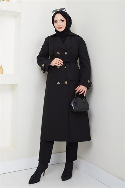 Omuzları Apolet Detaylı Astarlı Siyah Trençkot