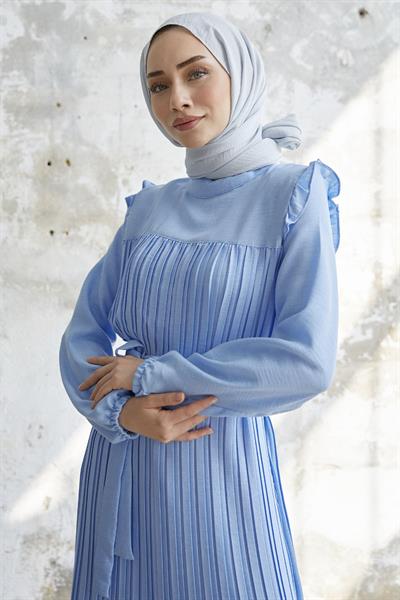 Shoulder Ruffle Pleated Linen Baby Blue Dress