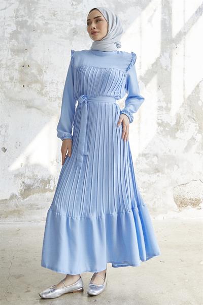 Shoulder Ruffle Pleated Linen Baby Blue Dress
