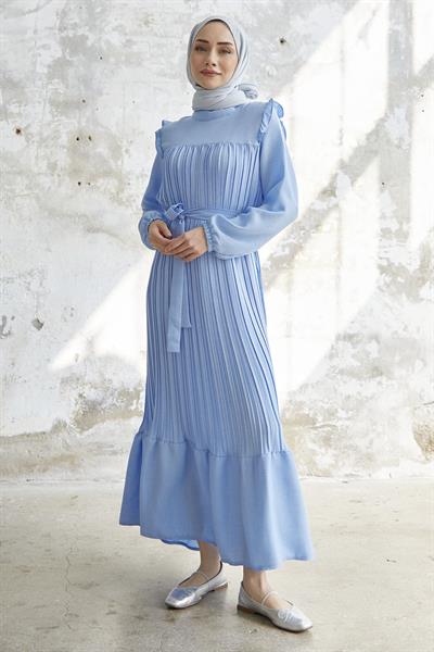 Shoulder Ruffle Pleated Linen Baby Blue Dress