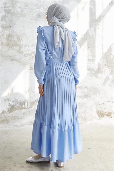 Shoulder Ruffle Pleated Linen Baby Blue Dress