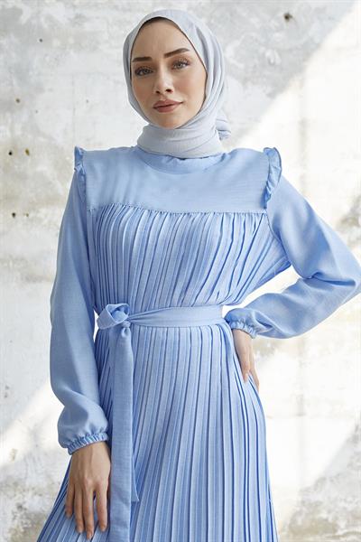 Shoulder Ruffle Pleated Linen Baby Blue Dress