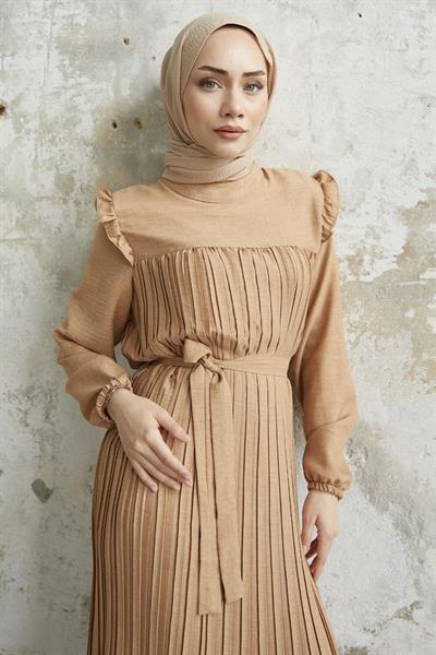 Omuzu Fırfır Piliseli Keten Camel Elbise