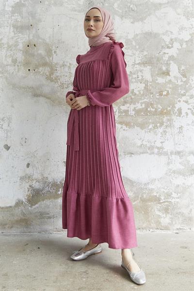 Omuzu Fırfır Piliseli Keten Fuşya Elbise