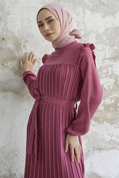 Omuzu Fırfır Piliseli Keten Fuşya Elbise