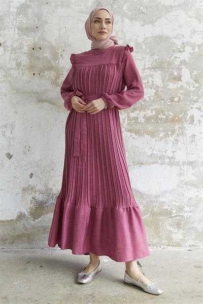 Omuzu Fırfır Piliseli Keten Fuşya Elbise