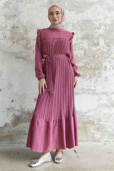 Omuzu Fırfır Piliseli Keten Fuşya Elbise