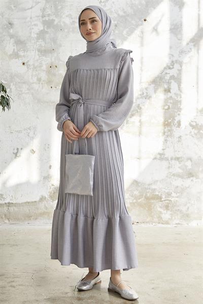 Omuzu Fırfır Piliseli Keten Gri Elbise