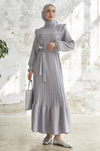 Omuzu Fırfır Piliseli Keten Gri Elbise