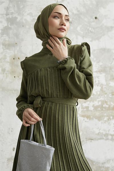 Omuzu Fırfır Piliseli Keten Haki Elbise