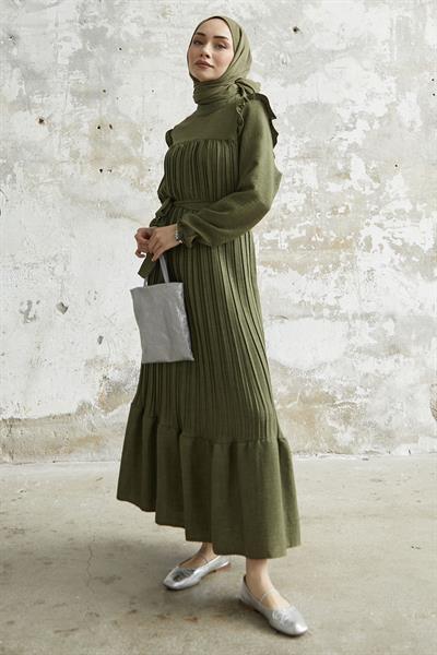 Omuzu Fırfır Piliseli Keten Haki Elbise