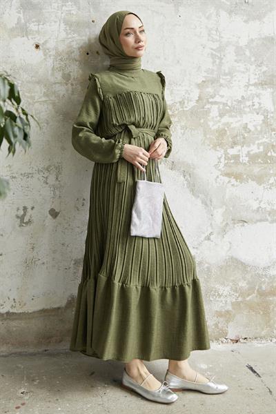 Omuzu Fırfır Piliseli Keten Haki Elbise