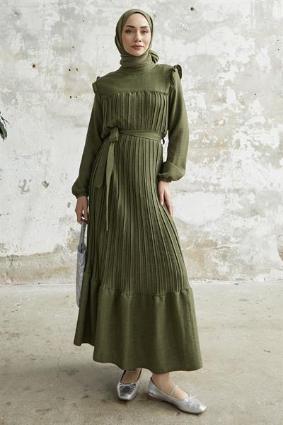 Omuzu Fırfır Piliseli Keten Haki Elbise