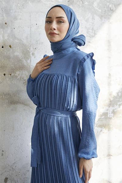 Omuzu Fırfır Piliseli Keten İndigo Elbise