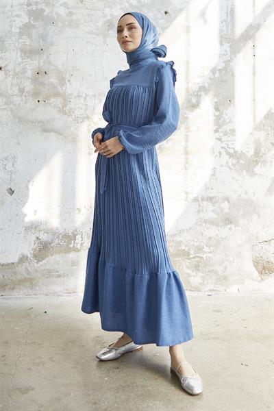 Omuzu Fırfır Piliseli Keten İndigo Elbise