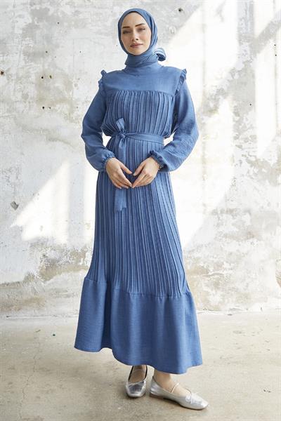 Omuzu Fırfır Piliseli Keten İndigo Elbise