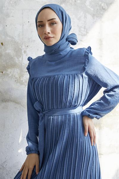 Omuzu Fırfır Piliseli Keten İndigo Elbise