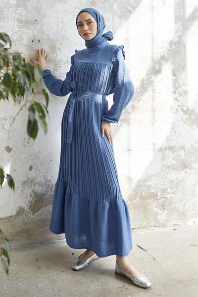 Omuzu Fırfır Piliseli Keten İndigo Elbise