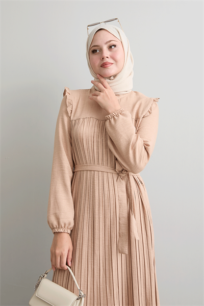 Omuzu Fırfır Piliseli Keten Taş Elbise