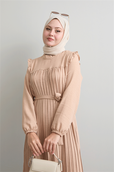 Omuzu Fırfır Piliseli Keten Taş Elbise