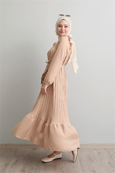 Omuzu Fırfır Piliseli Keten Taş Elbise