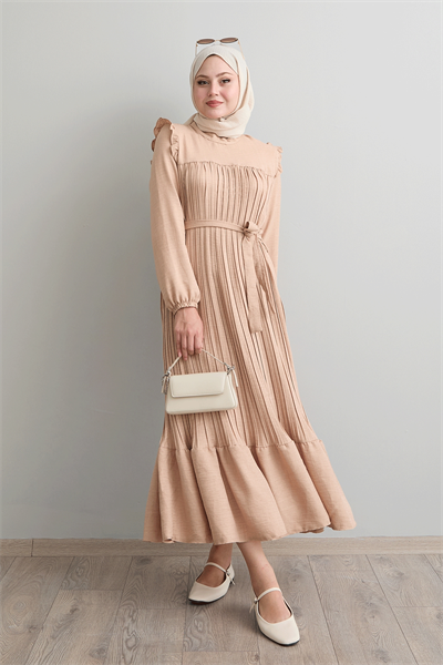 Omuzu Fırfır Piliseli Keten Taş Elbise