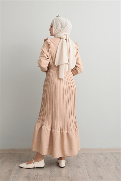 Omuzu Fırfır Piliseli Keten Taş Elbise