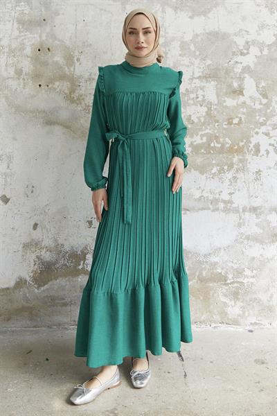 Omuzu Fırfır Piliseli Keten Yeşil Elbise