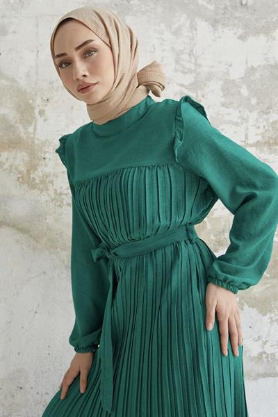 Omuzu Fırfır Piliseli Keten Yeşil Elbise