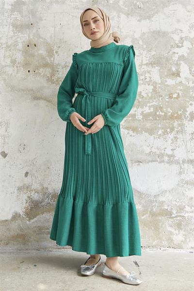 Omuzu Fırfır Piliseli Keten Yeşil Elbise