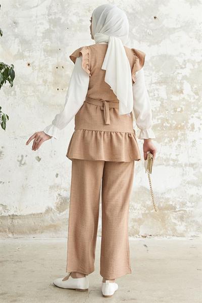 Omuzu Fırfırlı Üçlü Camel Takım