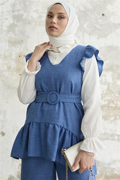 Omuzu Fırfırlı Üçlü Mavi Takım