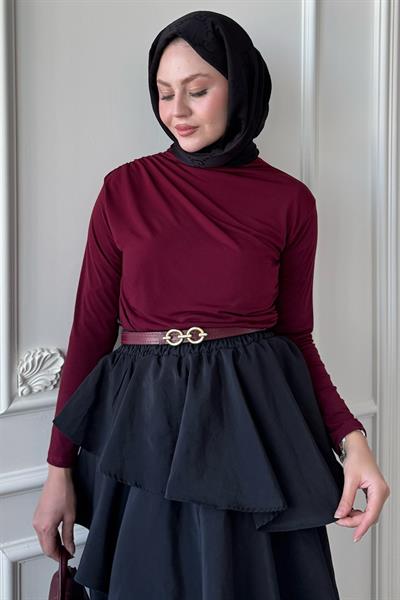 Omuzu Pileli Bordo Bluz