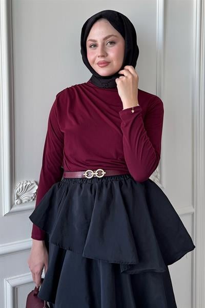 Omuzu Pileli Bordo Bluz