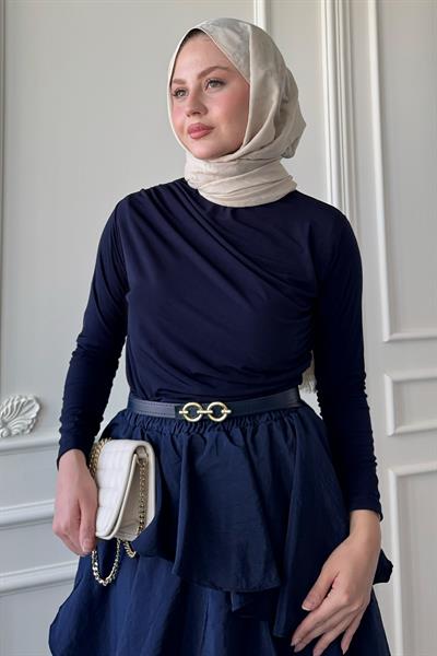 Omuzu Pileli Lacivert Bluz