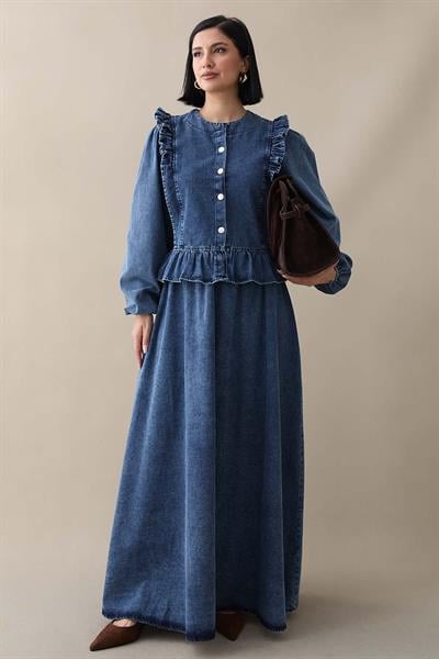 Önü Fırfır Detay Koyu Mavi Kot Takım