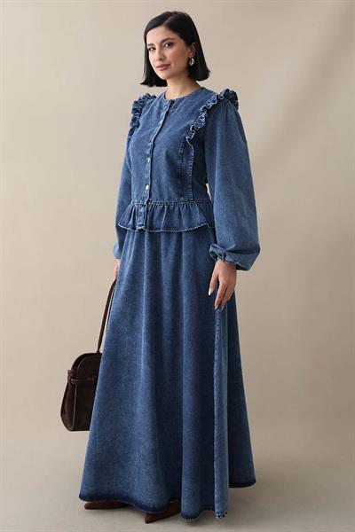 Önü Fırfır Detay Koyu Mavi Kot Takım