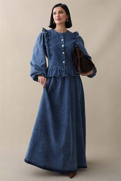 Önü Fırfır Detay Koyu Mavi Kot Takım