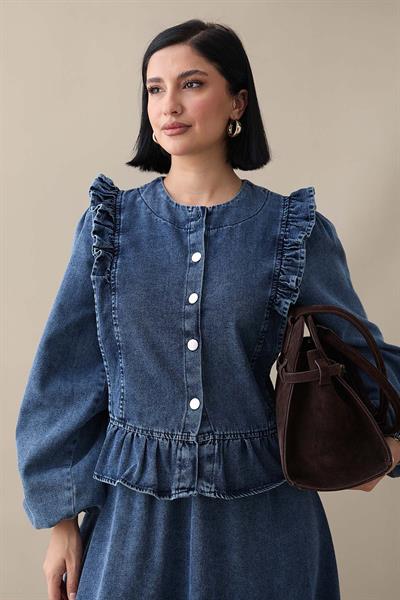 Önü Fırfır Detay Koyu Mavi Kot Takım