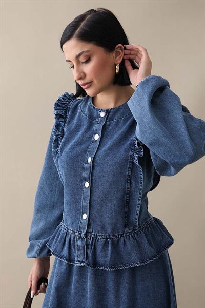 Önü Fırfır Detay Koyu Mavi Kot Takım