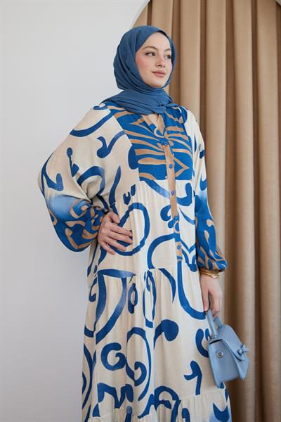 Önü Patlı Desenli Viskon Mavi Elbise