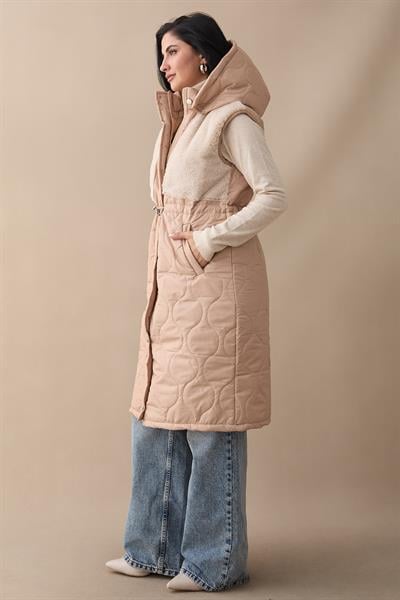 Önü Peluş Detay Bej Şişme Yelek