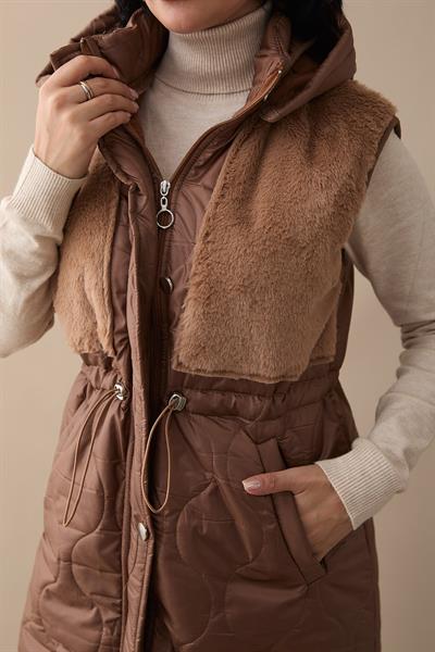 Önü Peluş Detay Kahverengi Şişme Yelek