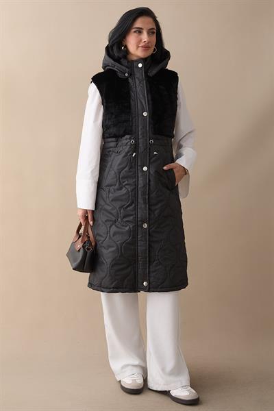 Önü Peluş Detay Siyah Şişme Yelek