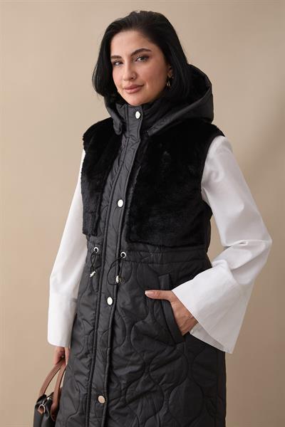 Önü Peluş Detay Siyah Şişme Yelek