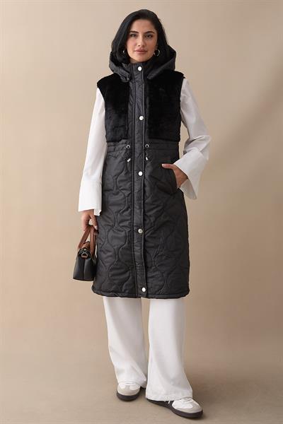 Önü Peluş Detay Siyah Şişme Yelek