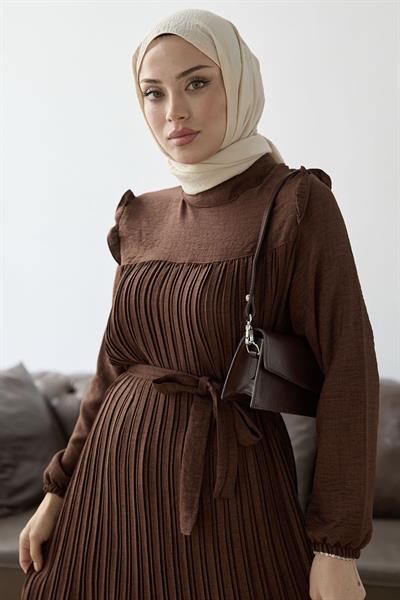 Önü Pileli Fırfır Detay Acı Kahve Takım