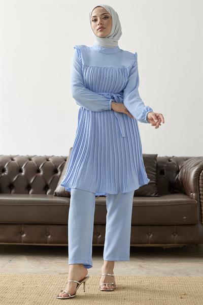 Önü Pileli Fırfır Detay Bebe Mavisi Takım